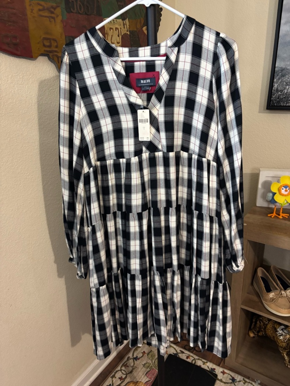 Anthropologie Maeve Black and White Plaid Tiered V-Neck Long Sleeve Dress - Picture 6 of 9